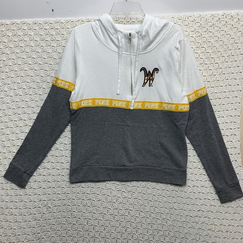 Pink Victoria's Secret Hoodie Women Sz L Pullover Gray/white Long Sleeve 1/4 Zip